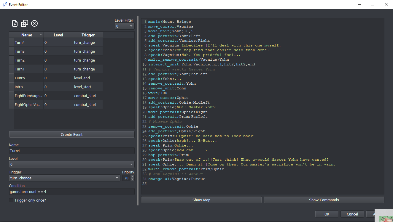 Screenshot of event editor with these sections labeled